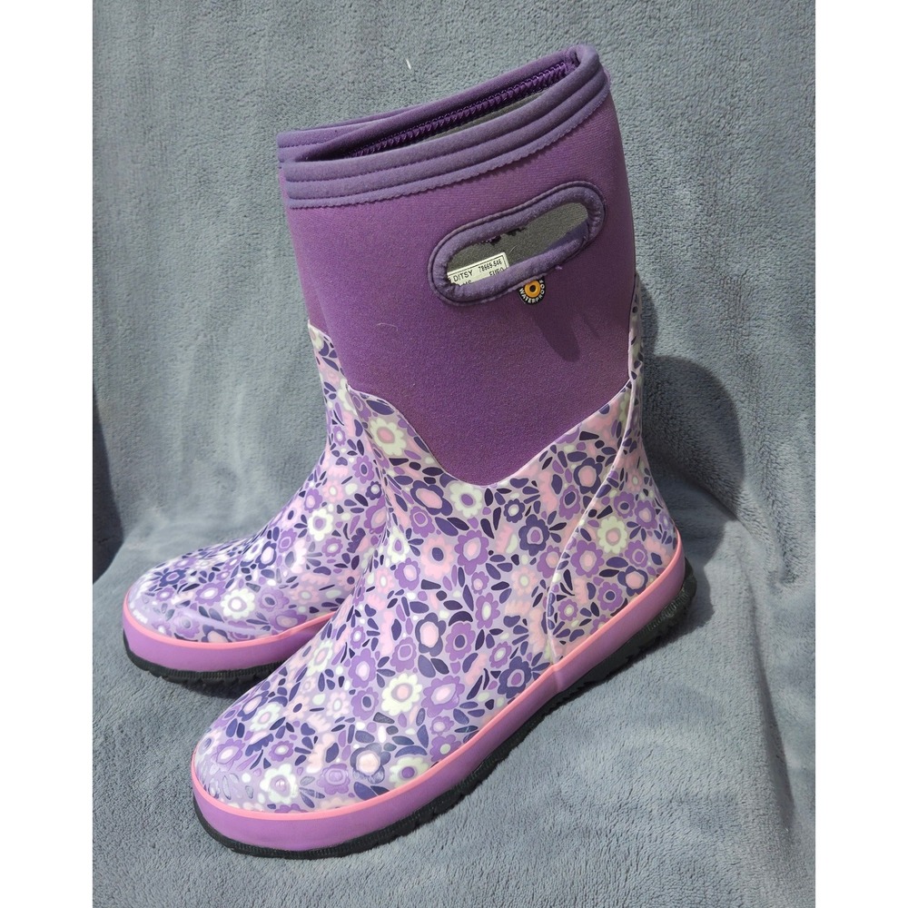 Bogs Youth Grasp Waterproof Insulated Winter Rain Boots Size 6 Purple Floral